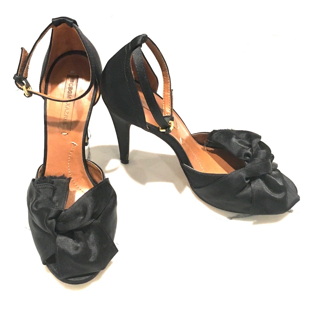 BCBG peep toe black satin bow stilettos